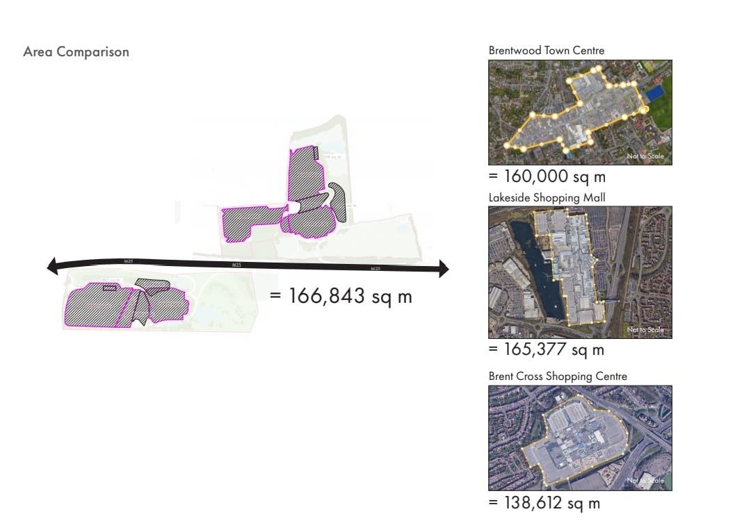 The Moto sites, 166,843 square metres, compared with Brentwood Town Centre, Lakeside and Brent Cross