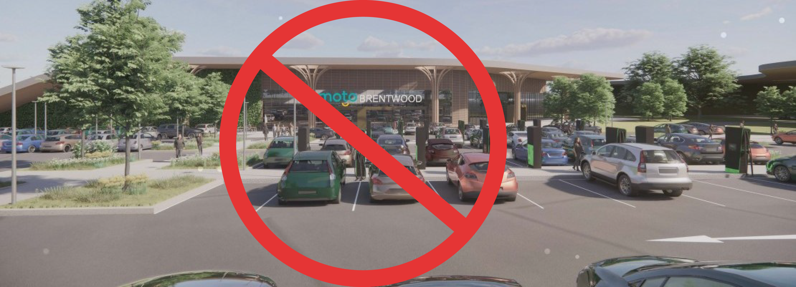 Artist’s impression of Moto Brentwood services, crossed out with a red no-entry sign