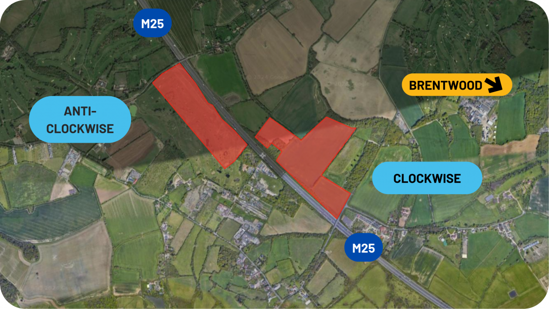 Satellite map of the M25 near Brentwood with the two proposed Moto sites shaded red, one on each carriageway